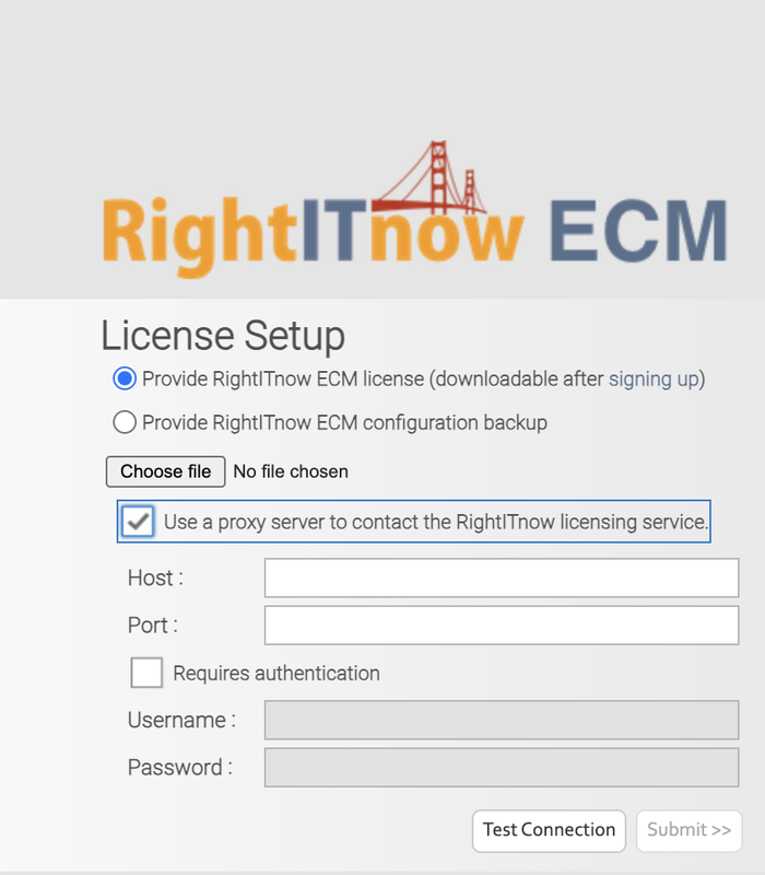 Proxy configuration for license validation in the RightITnow ECM License Setup screen
